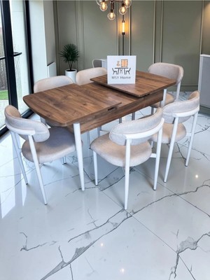 Msy Home 6 Kişilik Lina Krem Kumaş 80*130 Antik Çam Açılır Masa Sandalye Seti (Modern Seri)Beyaz Iskelet