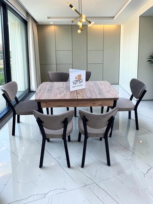 Msy Home Alva 6 Kişilik Yemek Masası Takımı Baby Face Kumaş Çam 80X130 cm Mdf Masa Siyah Iskelet Modern ve Şık