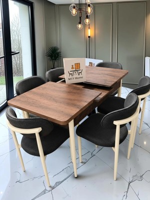 Msy Home 6 Kişilik Lina Antrasit 80*130 Antik Çam Açılır Masa Sandalye Seti (Modern Seri)Krem Iskelet