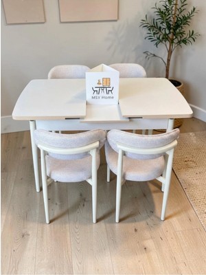 Msy Home 4 Kişilik Lina Krem Kumaş 80*130 Beyaz Açılır Masa Sandalye Seti (Modern Seri)Krem Iskelet