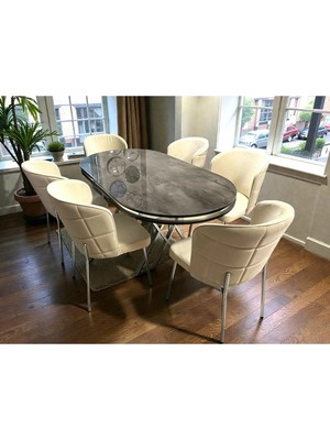 Msy Home 6 Kişilik Serya Ironi Oval Masa Krom Ayak Yönsüz Kumaş Modern ve Şık Yemek Odası Takımı