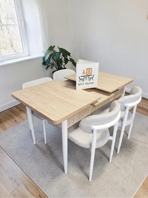 Msy Home 4 Kişilik Lina Beyaz Kumaş 80*130 Traverten Açılır Masa Sandalye Seti (Modern Seri)Beyaz Iskelet