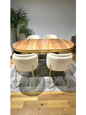 Msy Home 6 Kişilik Aura Gold Serisi Ceviz Lake Oval Yemek Masası ve Puffy Krem Sandalye Takımı Modern