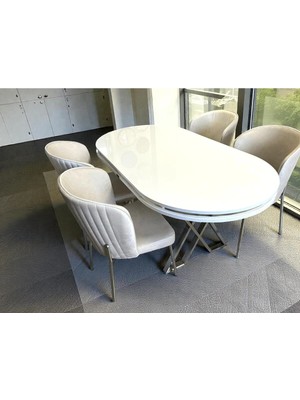 Msy Home 4 Kişilik Berya Beyaz Oval Masa Krom Ayak Yönsüz Kumaş Modern ve Şık Yemek Odası Takımı