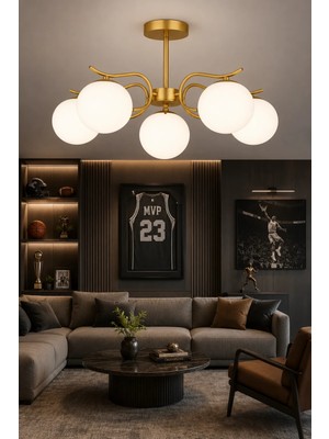 Esslight Alara 5’li eskitme Beyaz Camlı Modern Salon Mutfak Yatak Odası Avizesi