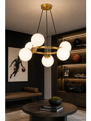 Esslight Kayra 6’lı Eskitme Beyaz Camlı Modern Salon Mutfak Yatak Odası Avizesi