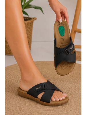 Wordex Vizyon 4508 Hafif Yumuşak Tabanlı Comfort Jelli Çapraz Bant Cırtlı Kadın Terlik