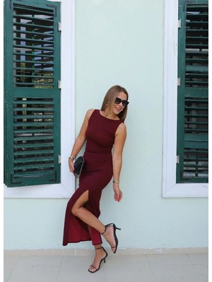 Purple By Banu Bordo Drape Detay Yırtmaçlı Elbise