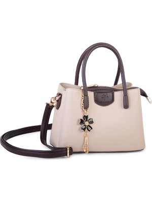 Nas Bag Mini Çiçek Charmlı Kadın  Şık El ve Çapraz Çanta (En 25 cm ;boy 22 cm ) Kum Kahve