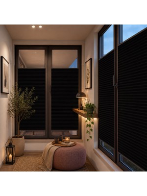 Miora Perde Siyah Plise Katlanır Cam Balkon Perdesi - Ofis Perdesi - Mutfak Perdesi - Salon Perdesi