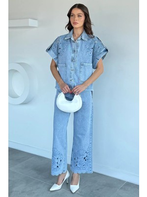Gülseli Kadın Nakış Detaylı Jean Kot Ceket Pantolon Ikili Takım P-00022008