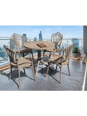Noble Desing Ferforje Görünümlü Yuvarlak Plastik Masa Sandalye Takımı Cappuccino 4 Kişilik-Bahçe-Balkon-Teras-Mutfak