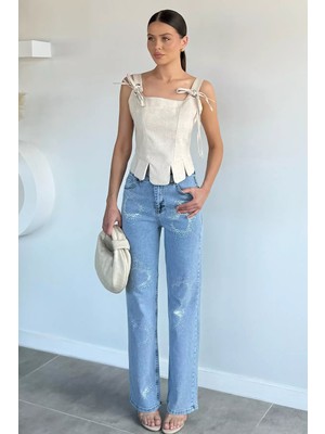 Gülseli Kadın Kalp Taşlı Palazzo Jean Kot Pantolon P-00021890