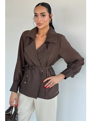 Gülseli Kadın Kruvaze Yaka Çıtçıtlı Kuşak Detaylı Ceket P-00021919