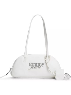 Tommy Hilfiger Kadın Metalik Logo Imzalı Uzun Askılı Fermuarlı Iç Cepli Beyaz Omuz Çantası AW0AW18787-YBI