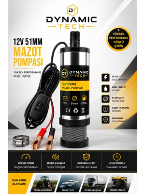 Dynamic Tech 12 Volt Dalgıç Pompa 60 Watt 51 mm Mazot ve Su Zeytin Yağı Vs Sıvı Aktarma Pompası Yüksek Performans