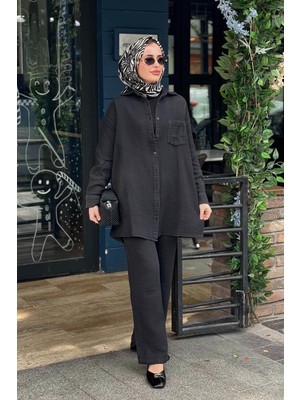 Invee Keten Pantolonlu Takım 7161 Siyah
