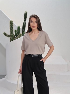 Paw Garage Kadın Massi Interlok Kumaş V Yaka Oversize T-Shirt