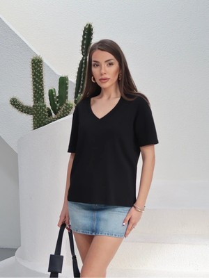 Paw Garage Kadın Massi İnterlok Kumaş V Yaka Oversize T-Shirt