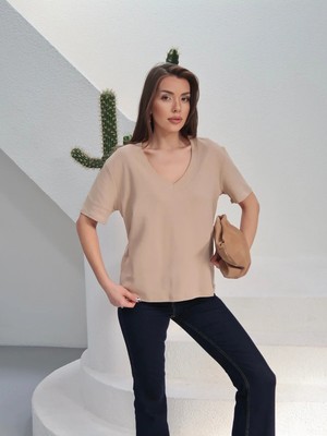 Paw Garage Kadın Massi Interlok Kumaş V Yaka Oversize T-Shirt