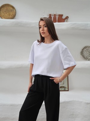 Paw Garage Kadın Mia Interlok Kumaş Bisiklet Yaka Oversize T-Shirt