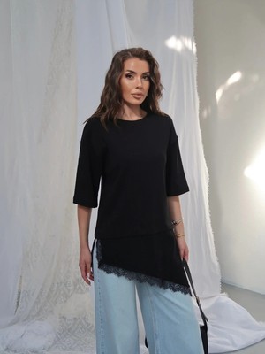 Paw Garage Kadın Elora Interlok Kumaş Eteği Dantel Detaylı Oversize T-Shirt