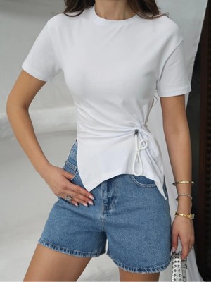 Paw Garage Kadın Candles Pamuklu Süprem Kumaş Yırtmaçlı Ön Kordonlu T-Shirt