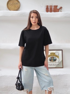 Paw Garage Kadın Mia Interlok Kumaş Bisiklet Yaka Oversize T-Shirt