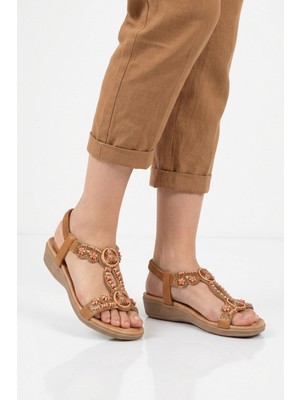 Ewoll Camel Desenli Işlemeli Yumuşak Tabanlı Kadın Sandalet 4053 Z