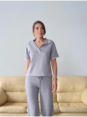 Paw Garage Kadın Maribel Pamuklu Modal Kumaş Polo Yaka Bluz-Pantolon Ikili Alt-Üst Takım, 4 Mevsim Günlük Takım