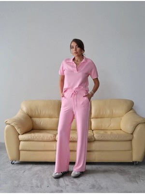 Paw Garage Kadın Maribel Pamuklu Modal Kumaş Polo Yaka Bluz-Pantolon Ikili Alt-Üst Takım, 4 Mevsim Günlük Takım