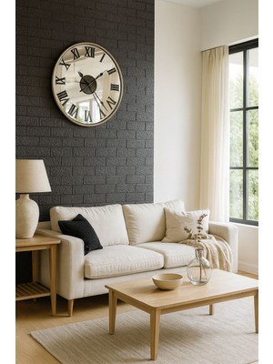 MGS Glorya Gri Roma Aynalı Duvar Saati 50 cm Metal Çember ile Modern Tasarım