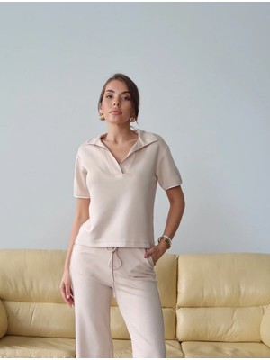 Paw Garage Kadın Maribel Pamuklu Modal Kumaş Polo Yaka Bluz-Pantolon Ikili Alt-Üst Takım, 4 Mevsim Günlük Takım