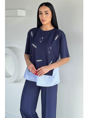 Tozlu Gülseli Kadın Bel Lastikli Pantolon Taş Işlemeli Bluz Ikili Takım P-00021476
