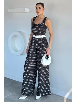 Tozlu Kadın Puantiyeli Kemerli Tulum P-00021372