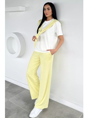Tozlu Gülseli Kadın Bel Lastikli Pantolon Ön Bağlamalı Bluz Ikili Takım P-00021470