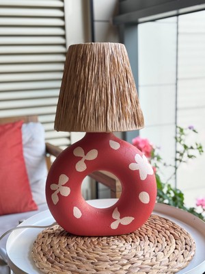 Candle Bee Design Hasır Başlıklı Ham Seramik Kiremit Simit Abajur