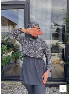 OYS 4 Parça Tam Kapalı Tesettür Mayo Takımı Desenli Paraşüt Kumaş Eşarp Bere Alt Üst Takım