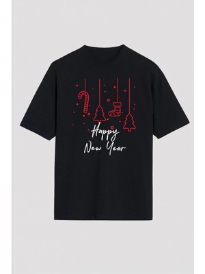 Marsilyan Yılbaşı Happy New Year Baskılı Kısa Kollu Oversize Bisiklet Yaka T-Shirt - Siyah