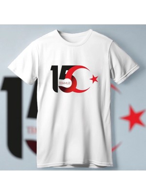 Marsilyan 15 Temmuz Demokrasi ve Milli Birlik Günü Ay Yıldız Baskılı T-Shirt - Beyaz