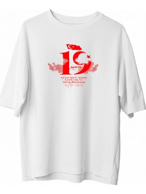 Marsilyan 19 Mayıs Atatürk Temalı Gençlik ve Spor Bayramı Bisiklet Yaka T-Shirt - Beyaz