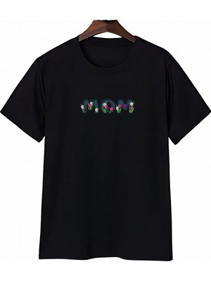 Marsilyan Anneler Günü Mom Çiçek Temalı Baskılı Oversize Bisiklet Yaka T-Shirt - Siyah