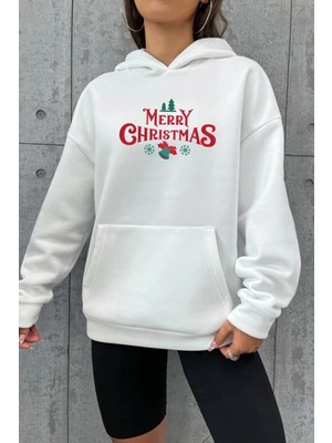 Marsilyan Yılbaşı Merry Christmas Baskılı Oversize Kapüşonlu Sweatshirt Hoodie - Beyaz