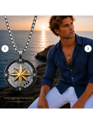 Voyage Accessory Premium Tasarım Paslanmaz Titanyum  Çelik Altın Renk Detaylı Kuzey Yıldızı Gemici Pusula Kolye