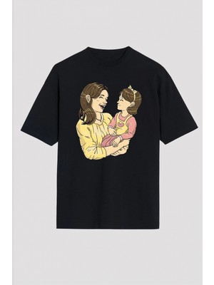 Marsilyan Anneler Günü Hediye Anne Kız Temalı Baskılı Oversize Bisiklet Yaka T-Shirt - Siyah
