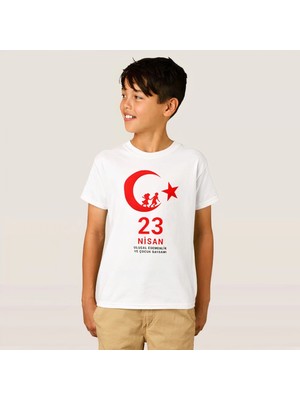 Marsilyan Çocuk 23 Nisan Ulusal Egemenlik ve Çocuk Bayramı Baskılı Bisiklet Yaka T-Shirt - Beyaz