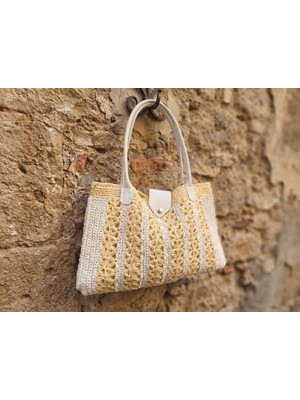 Meya Design Kadın Sarı Beyaz Çizgili Çıtçıtlı Omuz Çantası - Iç Bölmeli (32X42 Cm)