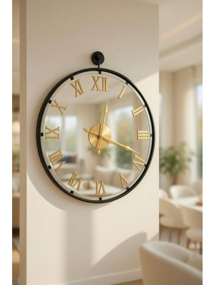 MGS Duvar Saati -Glow Black Gold Roma Rakam Aynalı Duvar Saati 50 cm