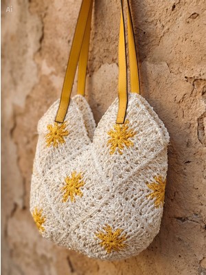 Meya Design Kadın Beyaz Sarı Papatya Desenli Çıtçıtlı Omuz Çantası - Iç Gözlü (31X38 Cm)