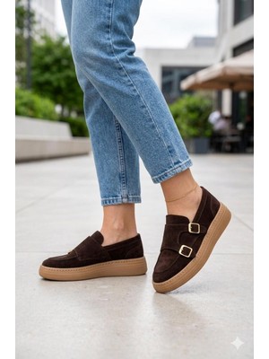 Shoemix Kadın Kahverengi Süet Çift Tokalı Kalın Taban Makosen Loafer Ayakkabı